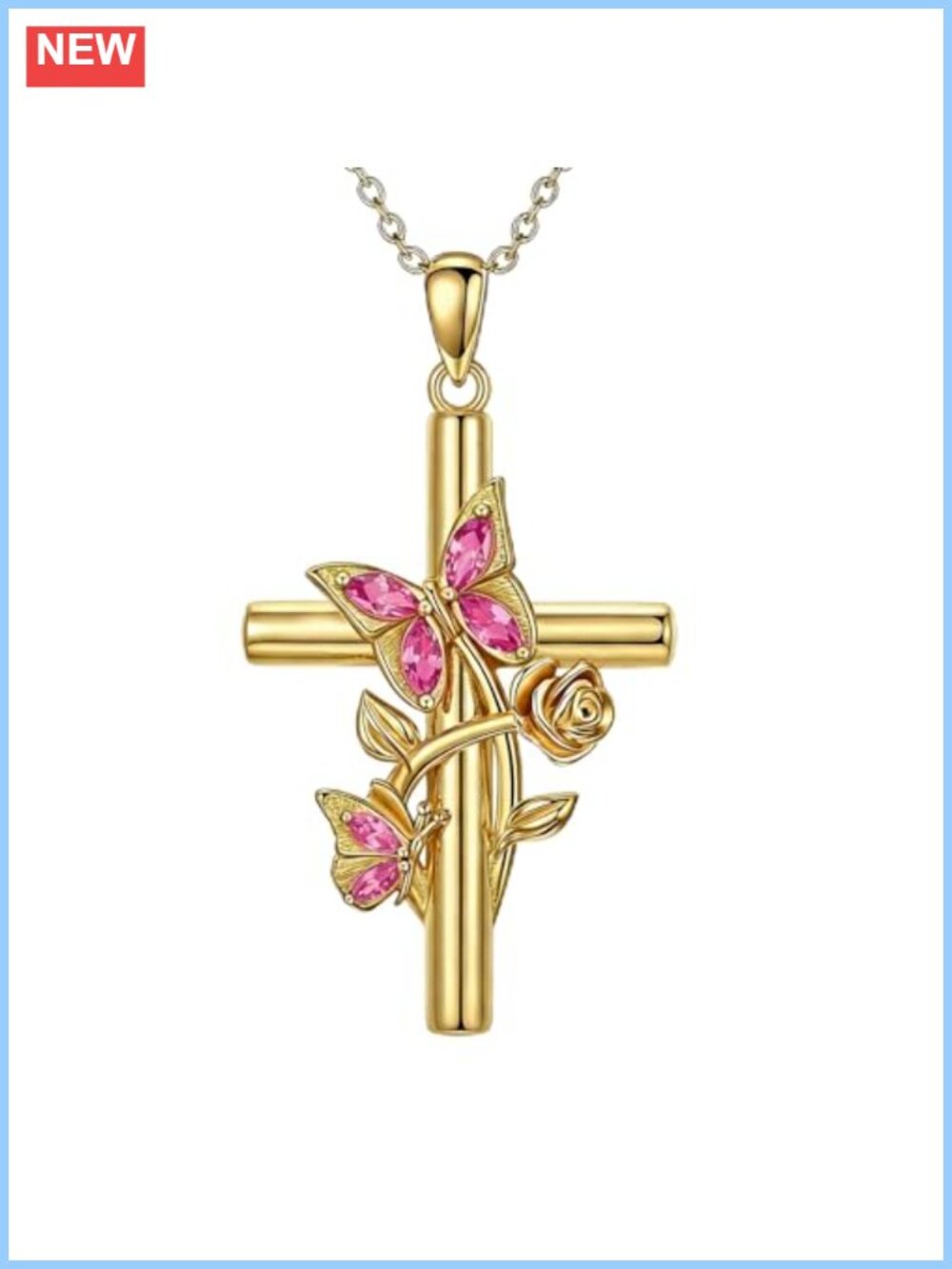 Gold Plated Butterfly Rose Cross Pendant Necklace 18+2" Women Christian